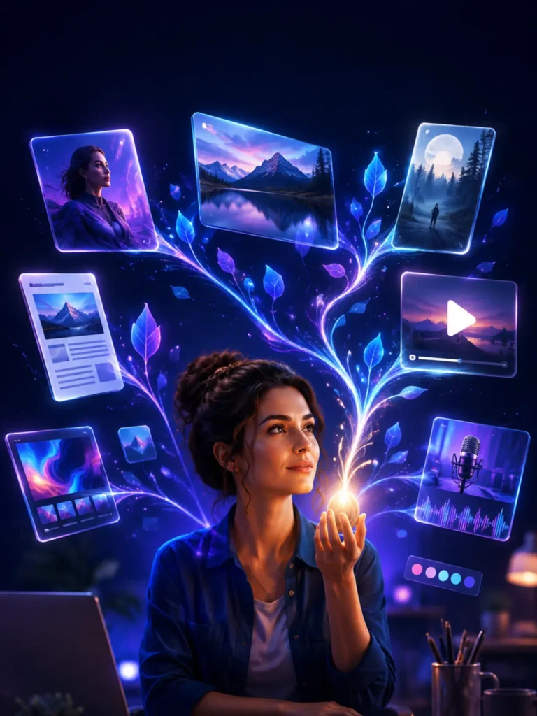 Criadora transformando uma ideia em diferentes formatos de conteúdo com inteligência artificial
